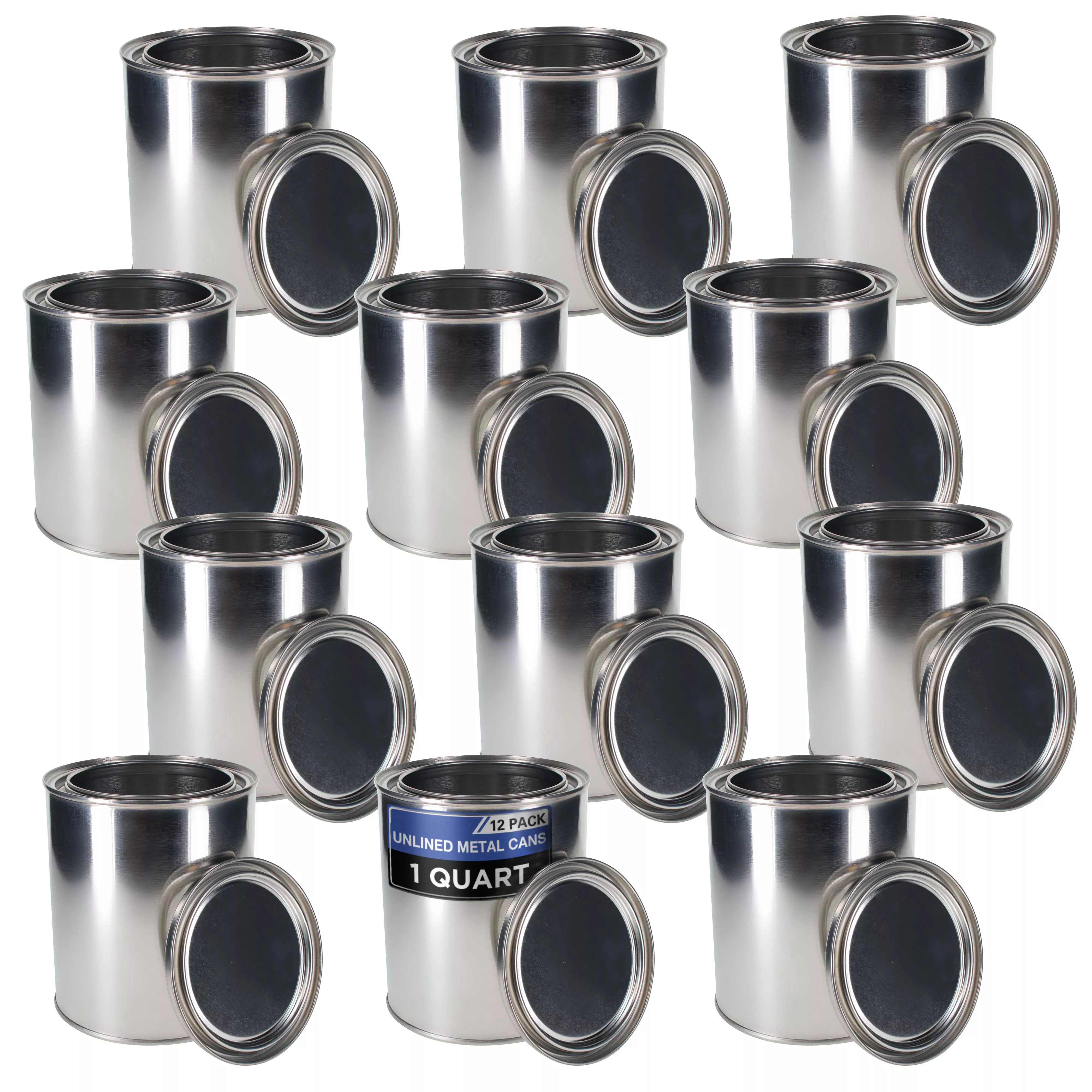 1 Quart Unlined Empty Metal Paint Can Bucket with Lids, Pack of 12 - Triple Tight Lid Seal, 32 fl. oz. Steel Coating Storage Container Tin