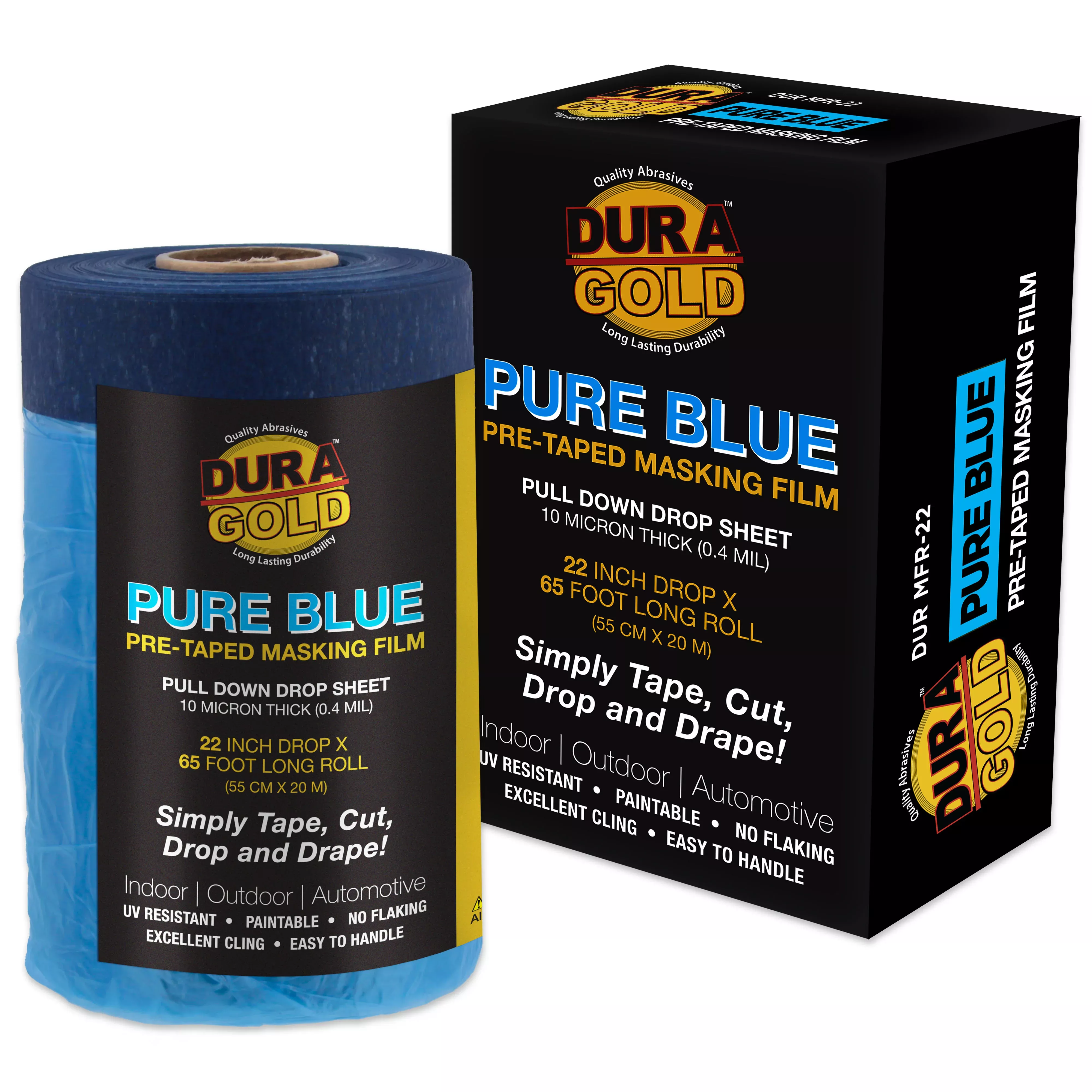 22" x 65' Pure Blue Pre-Taped Masking Film - Painters Plastic Roll (0.4 Mil) Pull Down Drop Sheet, Pre-Taped Plastic Sheeting