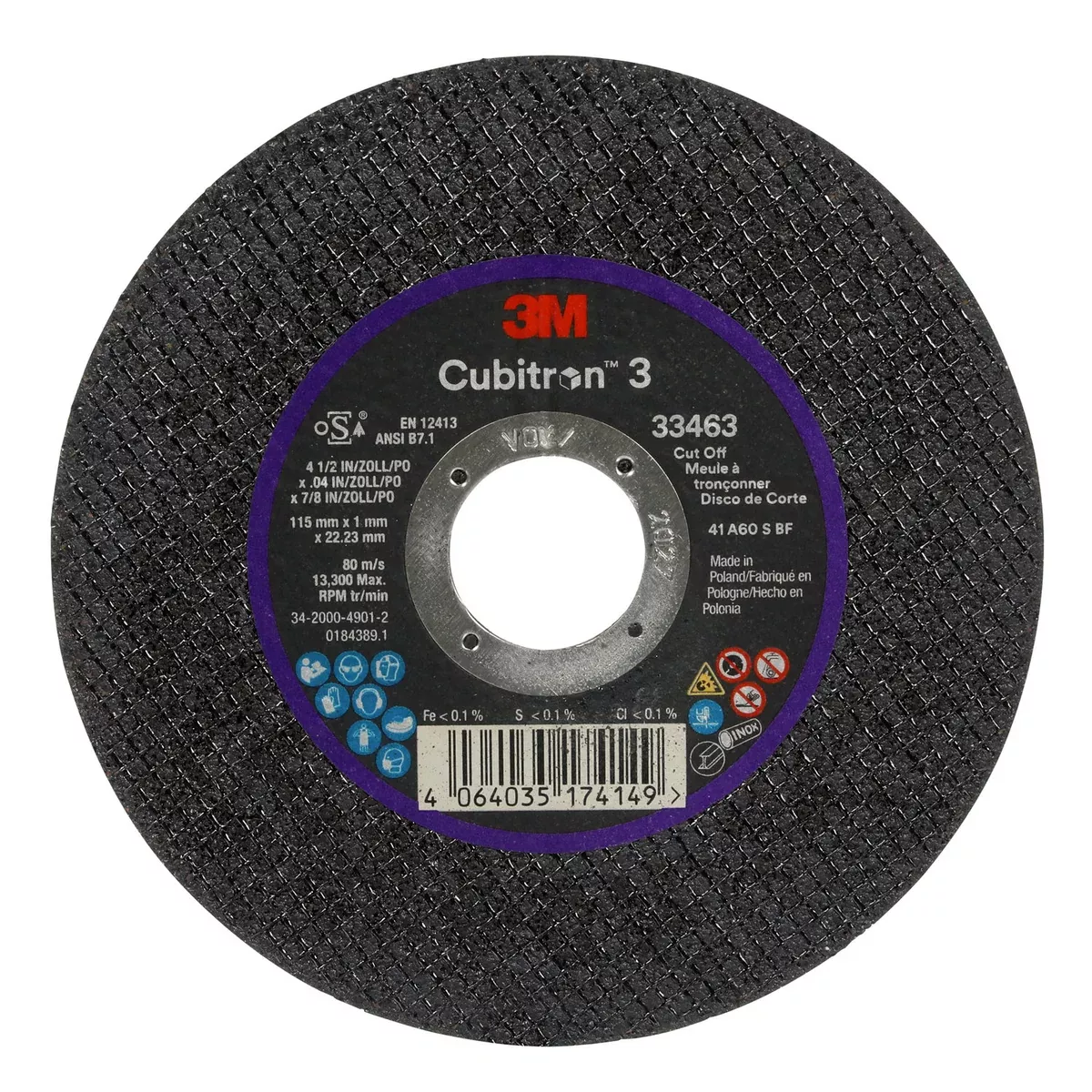3M Cubitron 3 Cut-Off Wheel 33463, 115 mm x 1 mm x 22.23 mm (4.5" x 0.04" x 7/8