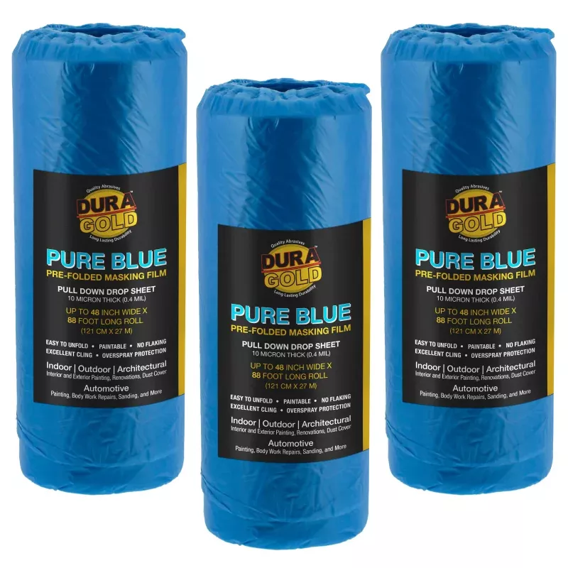 48" x 88' Pure Blue Pre-Folded Masking Film, (3 Pack) Painters Plastic Roll (0.4 Mil), Pull Down Drop Sheet, Pre-Folded Plastic Sheeting