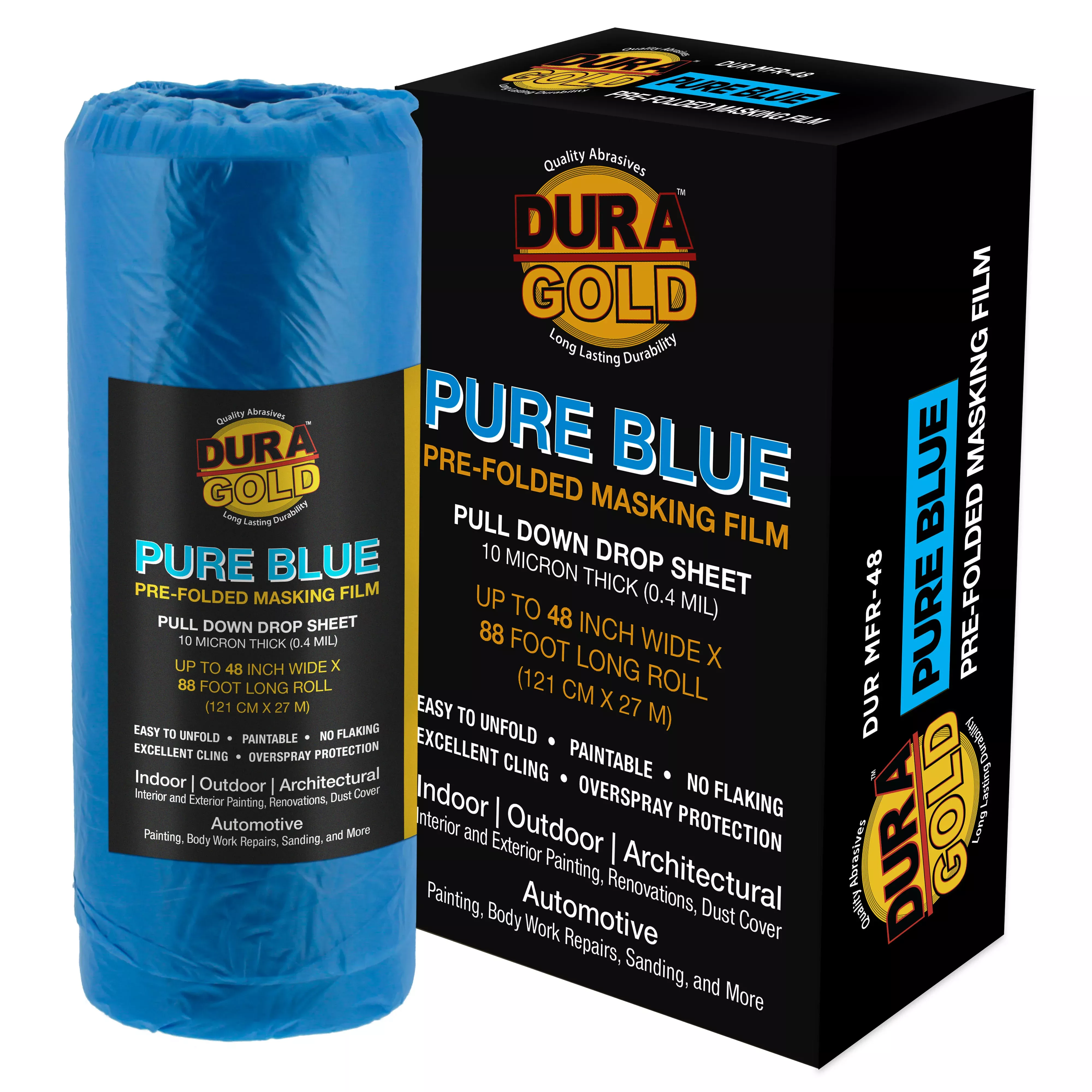 48" x 88' Pure Blue Pre-Folded Masking Film - Painters Plastic Roll (0.4 Mil) Pull Down Drop Sheet, Pre-Folded Plastic Sheeting