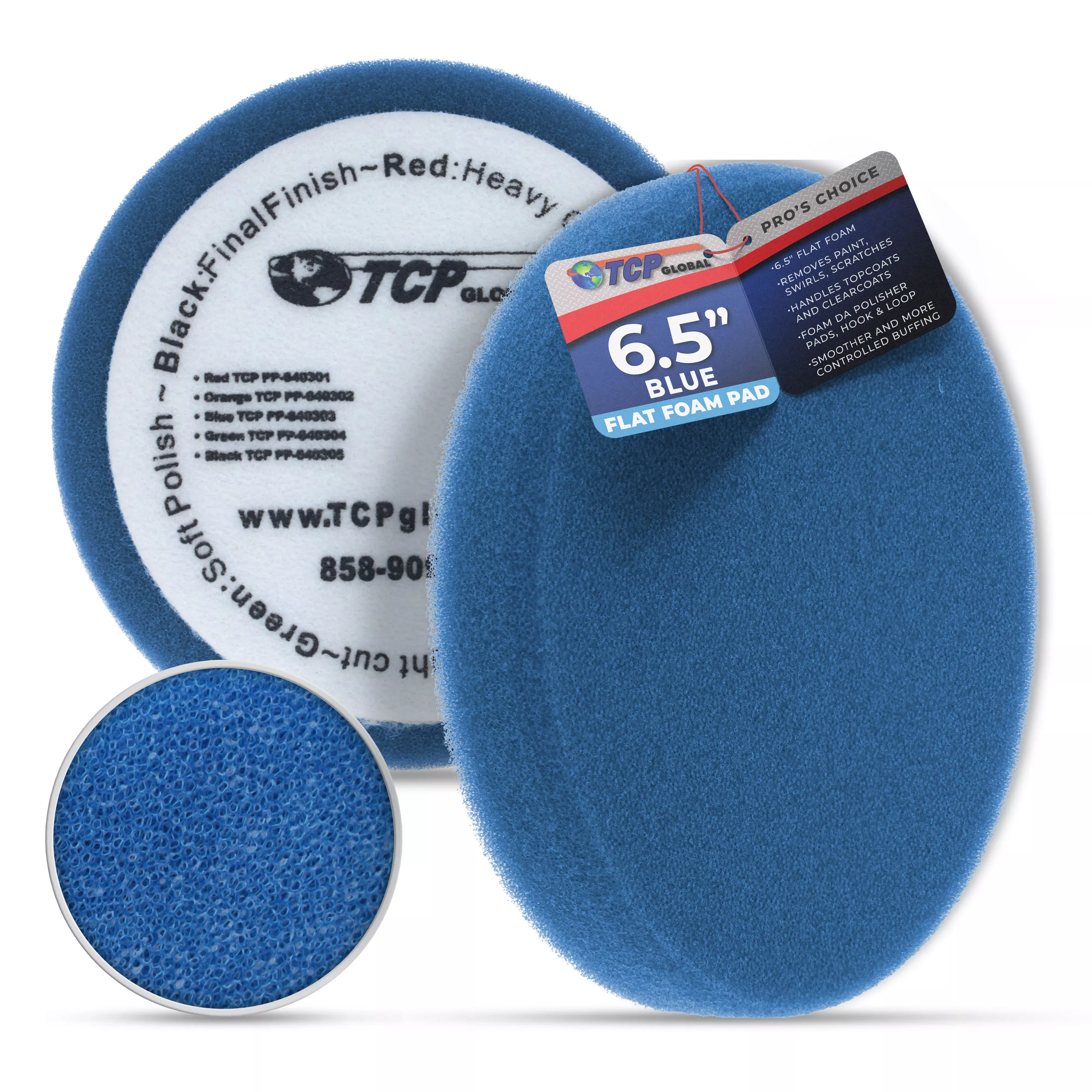 6.5" Blue Flat Light Cut DA Grip Foam Polish Pad - Hook & Loop Buffer Pads - Car Buffing Pads for Paint Correction, Detailing
