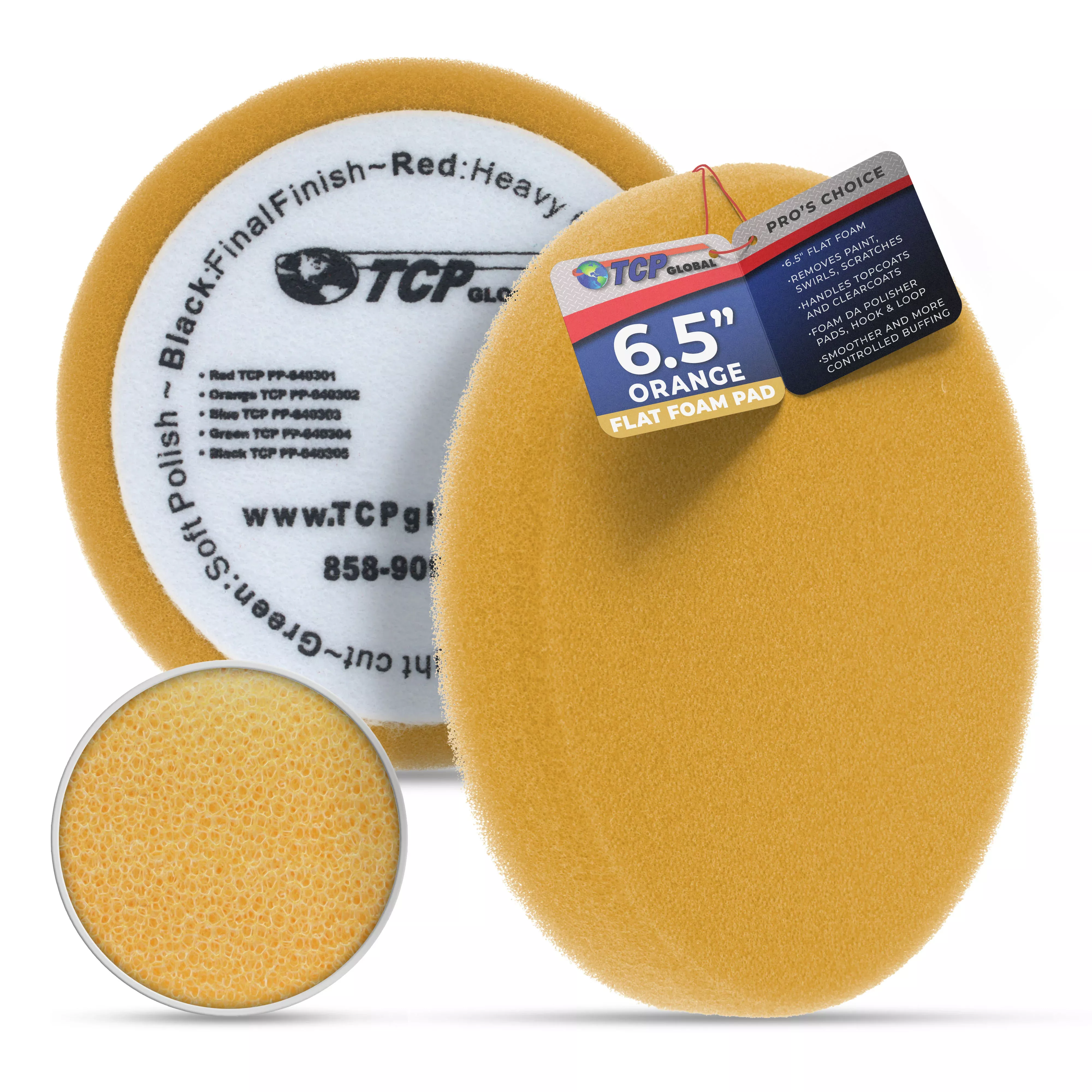 6.7" Orange Flat Medium Cut DA Grip Foam Polish Pad - Hook & Loop Buffer Pads - Car Buffing Pads for Paint Correction, Detailing