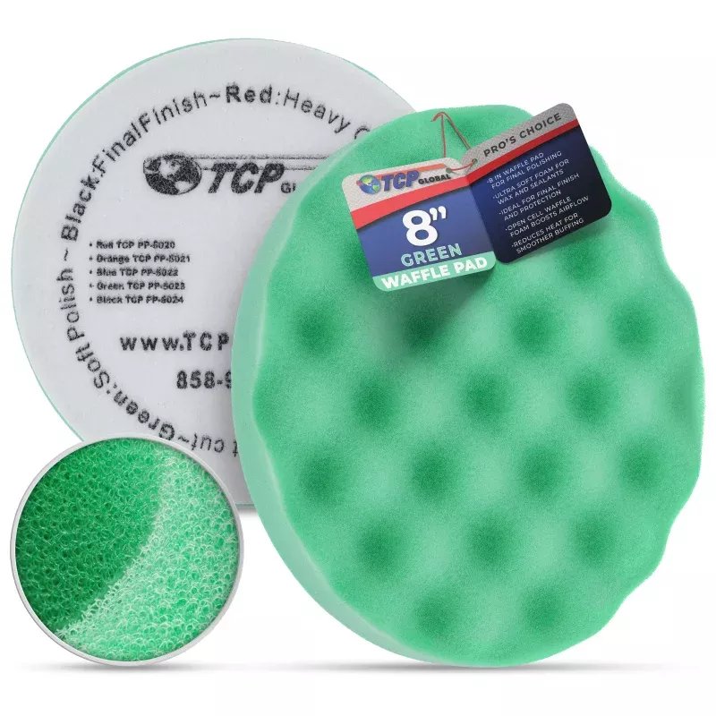 8" Green Waffle Foam Buffing Pad Hook and Loop Backing - Final Cut Pad for Polishing, Automotive, Marine, Truck, RV & Compound Cutting, Car Polishing