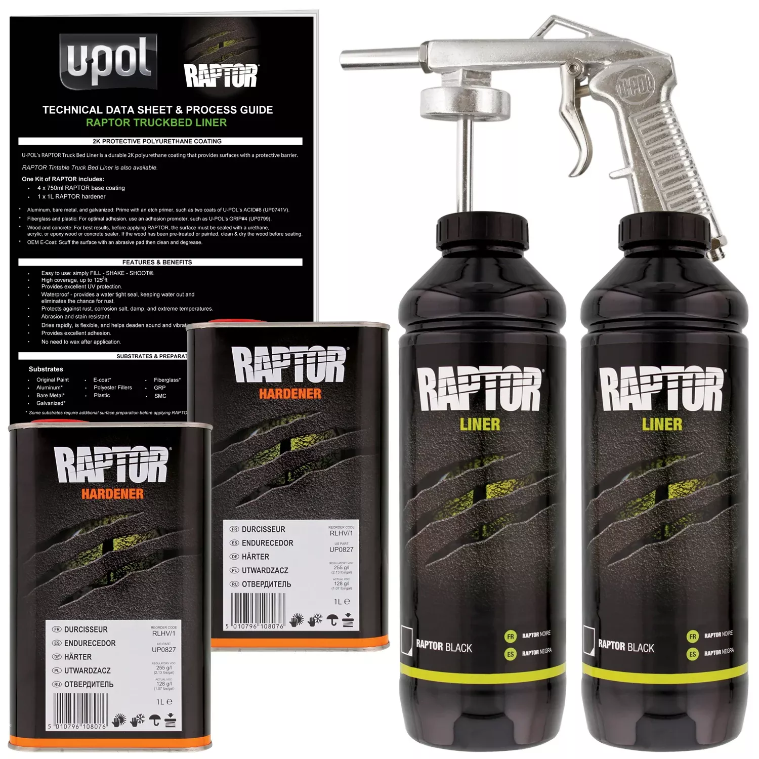 Black - U-POL Urethane Spray-On Truck Bed Liner Kit with included Spray Gun, 2 Quarts