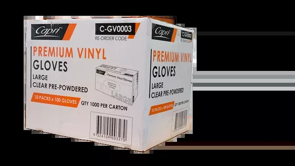 Capri Premium Vinyl Gloves Pre Powdered Large Clear 1000 Pcs (10 X 100pcs) C-GV0003