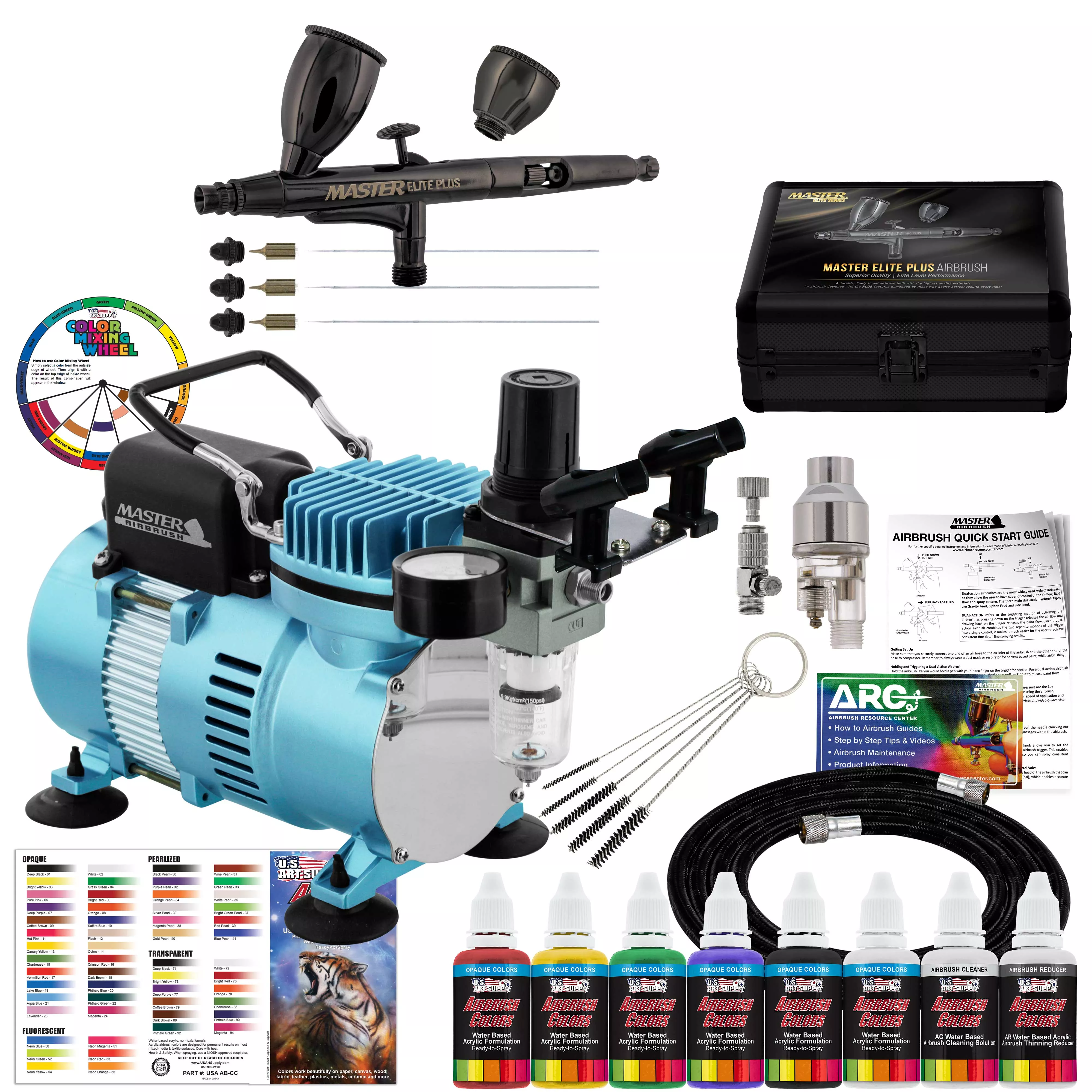 Cool Runner II Dual Fan Air Compressor System Kit with Plus Ultimate Airbrush Set with 3 Tips 0.2, 0.3 and 0.5 mm, Case, Dual-Action