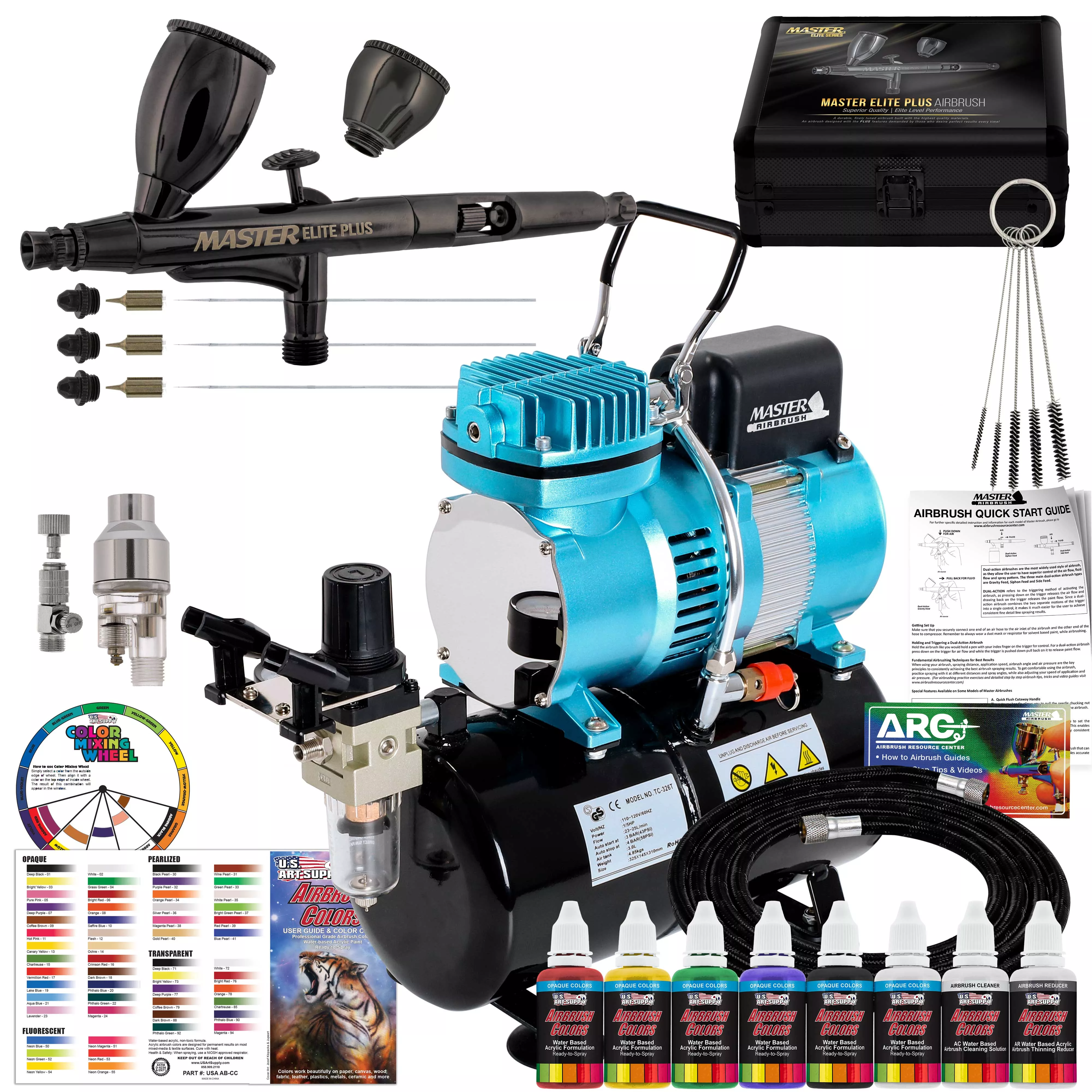 Cool Runner II Dual Fan Air Storage Tank Compressor System Kit with Plus Ultimate Airbrush Set with 3 Tips 0.2, 0.3 & 0.5 mm, Case, 2