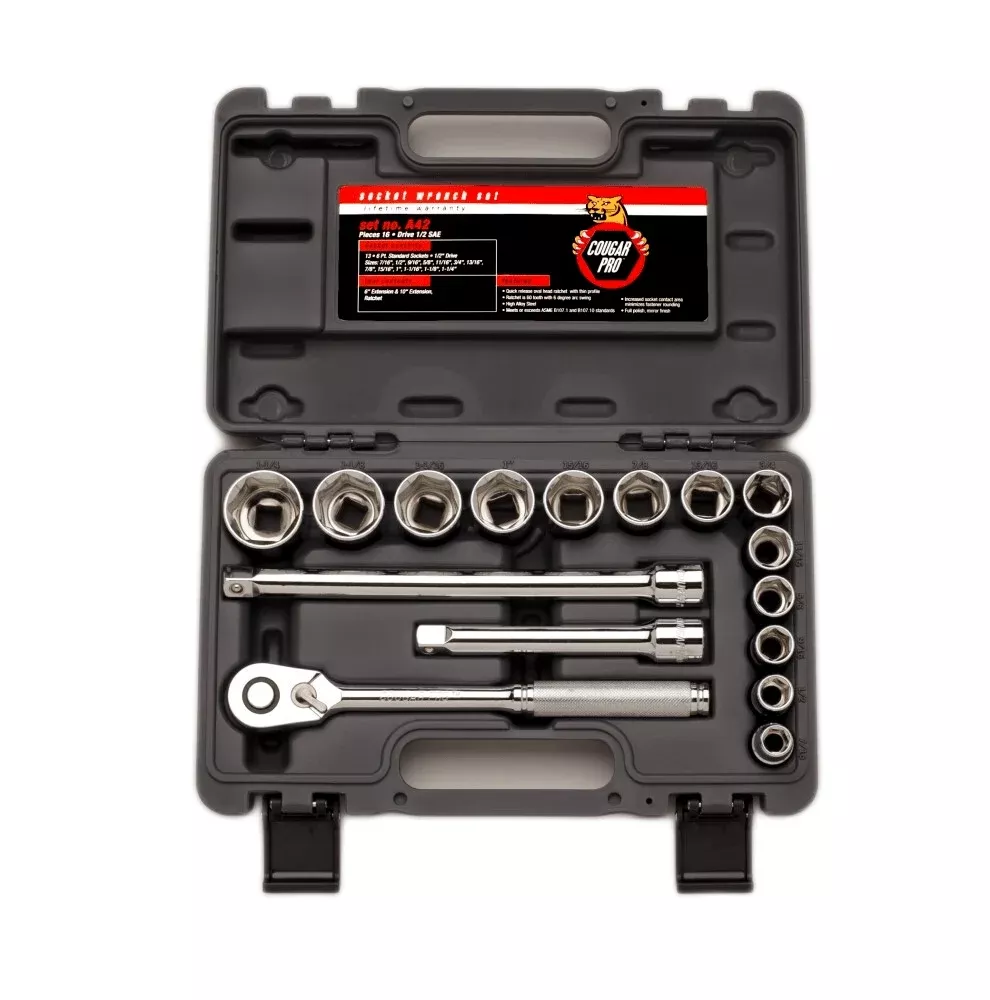 Cougar Pro Socket Wrench Set 1/2" Drive SAE 16 Pieces A42