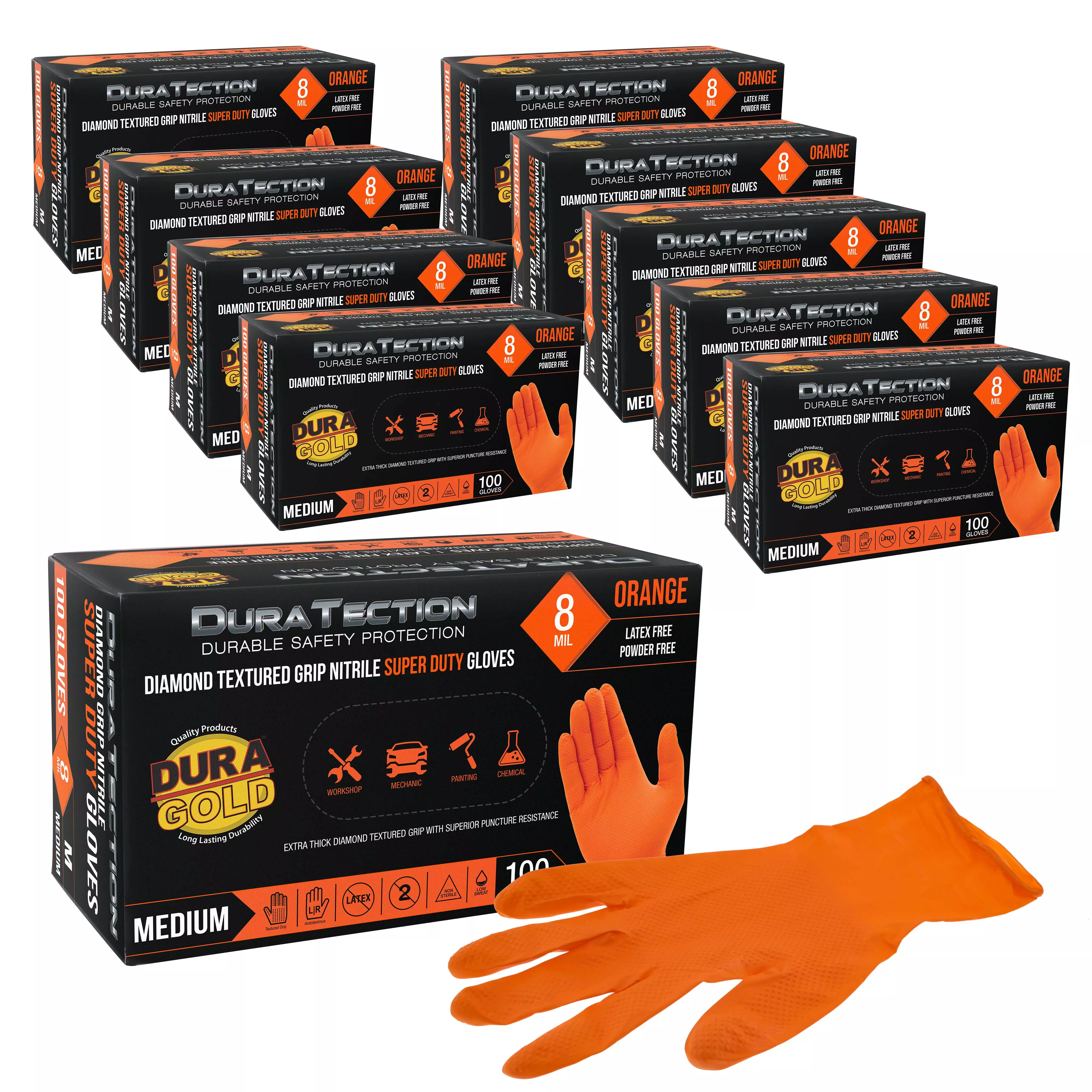 Duratection 8 Mil Orange Super Duty Diamond Textured Nitrile Disposable Gloves, 10 Boxes of 100, Small - Latex Free, Powder Free, Food Safe, Safety Protection Work Gloves