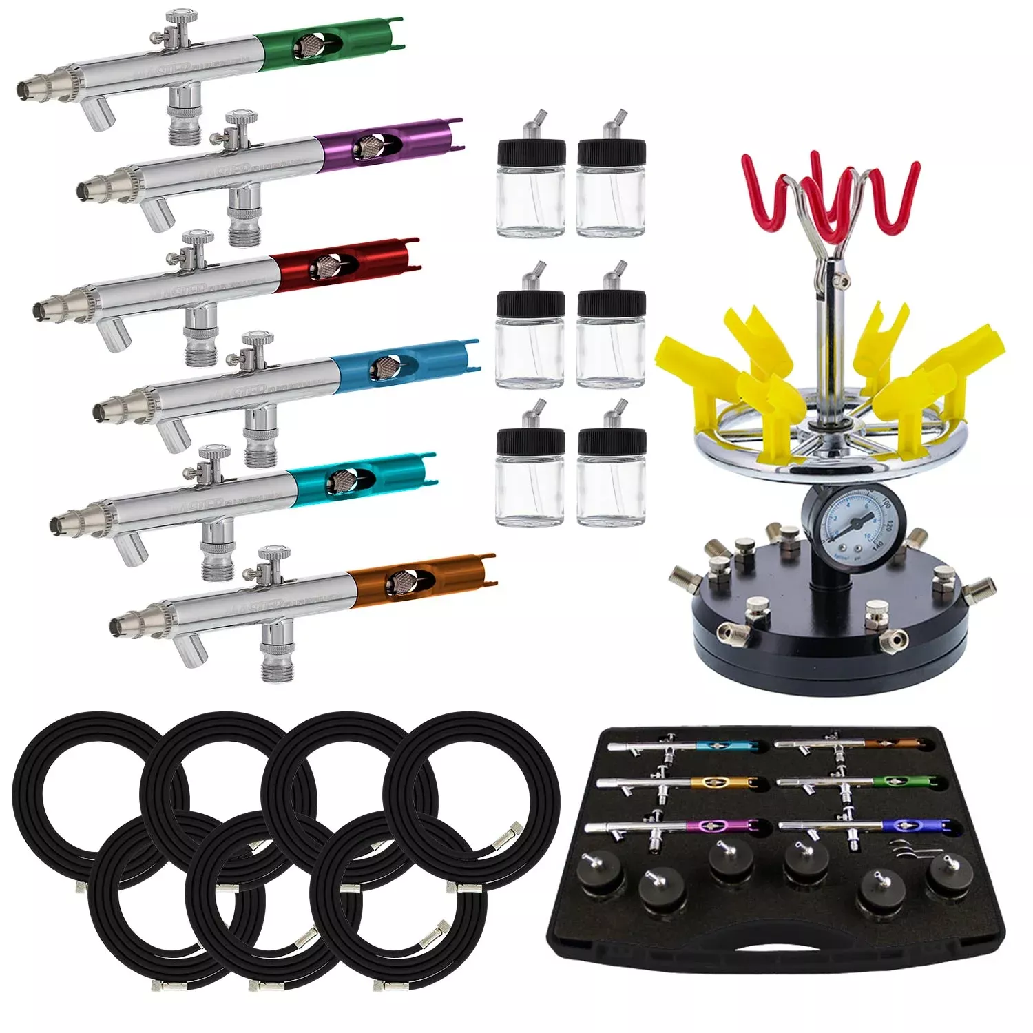 Master S66 Airbrush Set with 6 Precision Siphon Feed Airbrushes, 6 Station Airbrush Holder with Air Regulated Manifold, 7 Air Hoses & 6 Bottles
