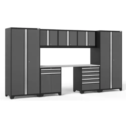 NEWAGE Pro Series 8 Piece Cabinet Set with Wall, Tool Drawer, Multi-Function Cabinet, Lockers and 84 in. Worktop