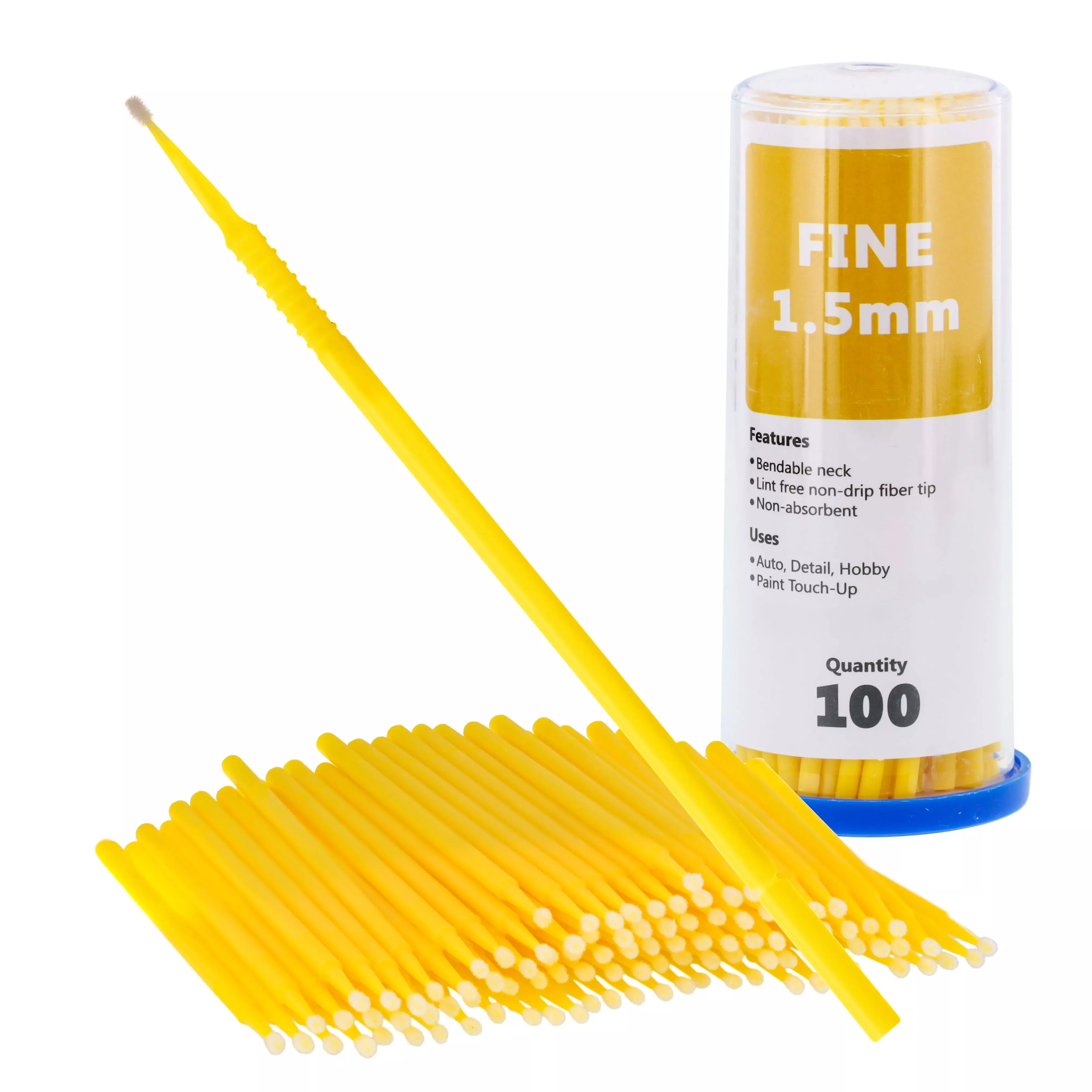 Paint Touch Up Micro Brushes, 100 Fine 1.5 mm Tip Size Yellow Brush Applicators - Auto Body Shop, Auto Car Detailing, Hobby