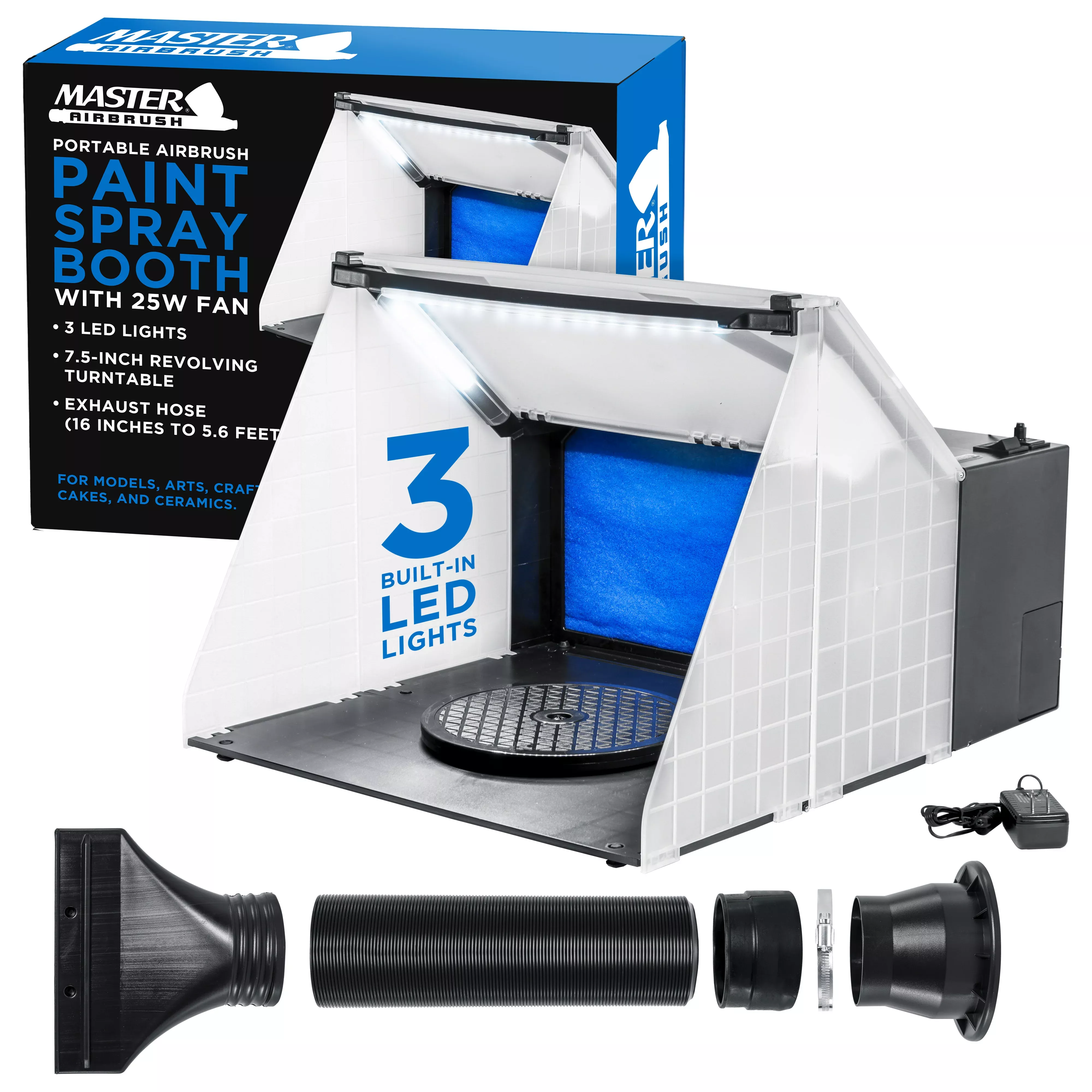 Portable Airbrush Spray Booth Station with LED Lights, 25W Fan, Turntable & 5.6' Extension Hose, 16.5"x19"x13.5" Hobby Airbrush Booth