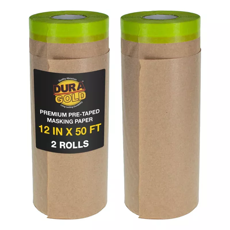 Pre-Taped Masking Paper for Painting (12" x 50', 2 Rolls) - Tape and Drape Painters Paper, Protective Covering, Overspray Barrier