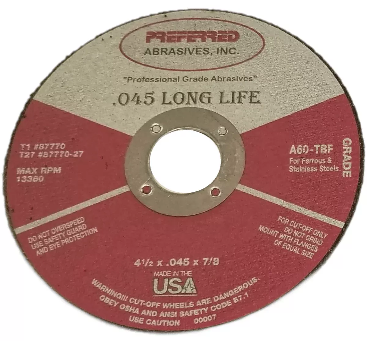 Preferred Abrasives Reinforced Cut-Off Wheel A60-TBF Type 1 Grit 87770