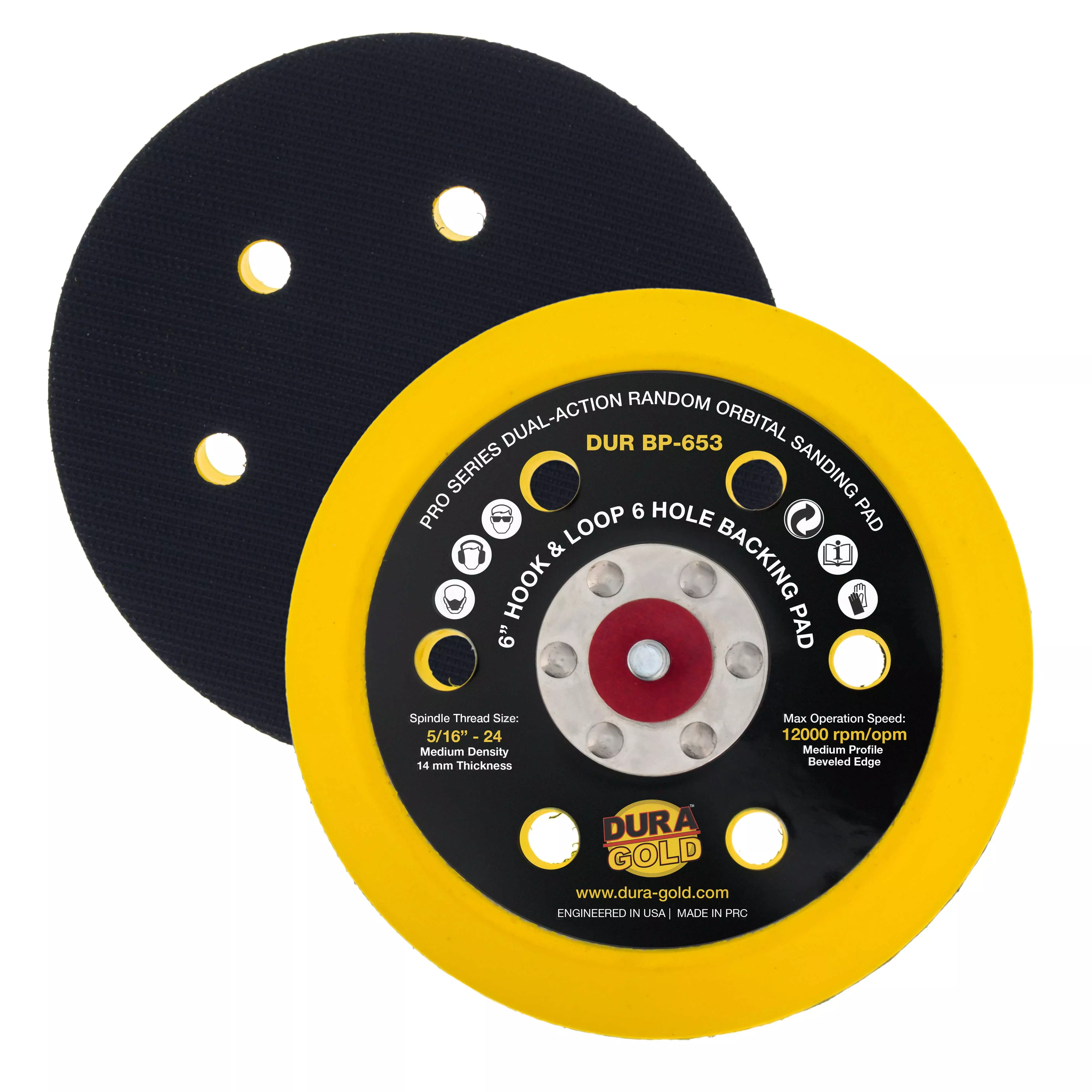 Pro Series 6" Hook & Loop DA Sander Backing Plate Pad, 6 Hole Pattern Dustless, 14mm Medium Profile Edge, Dual-Action Random Orbital Sanding