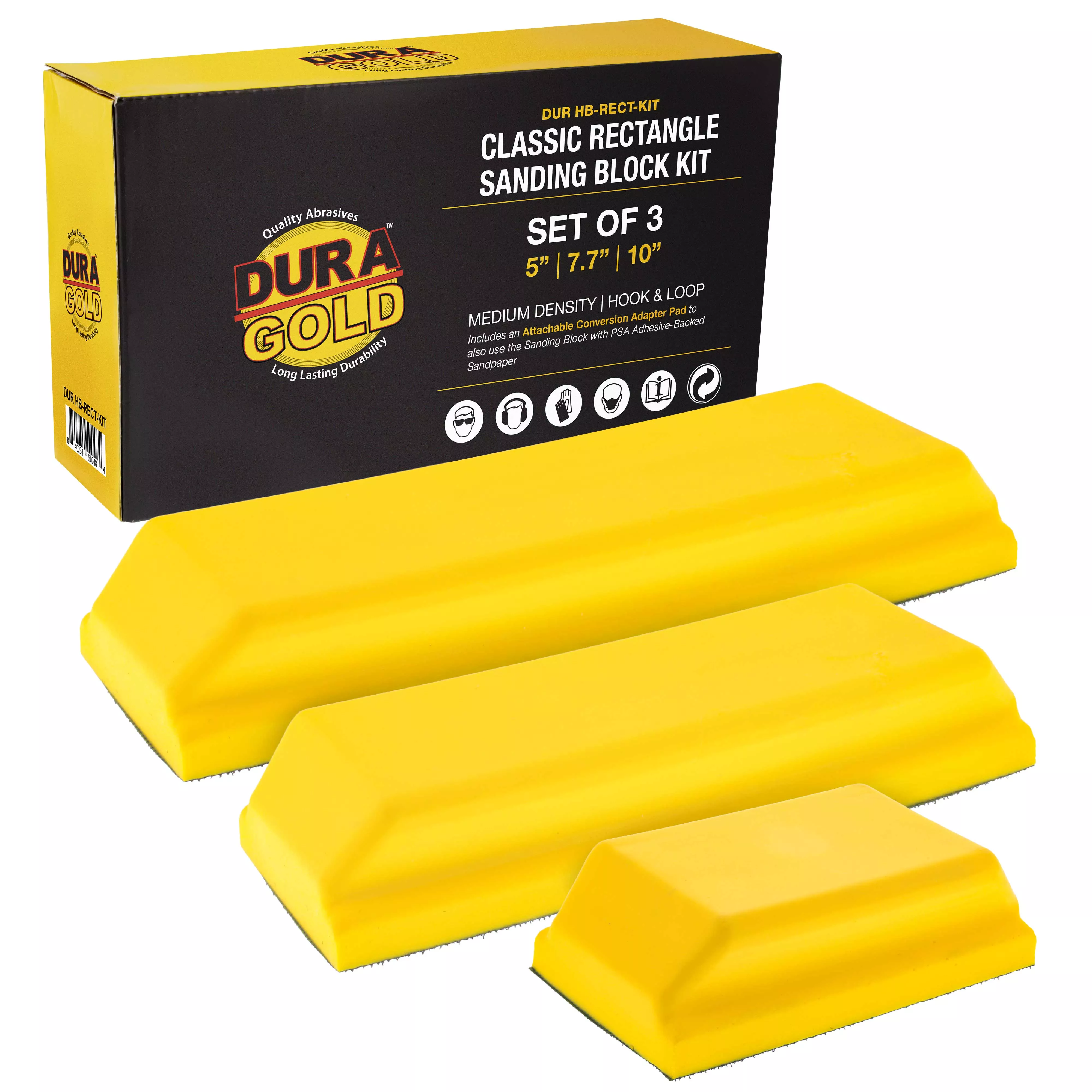 Pro Series Classic Rectangle Hand Sanding Block Kit with 3 Blocks, 5", 7-3/4" and 10" Set, Hook & Loop Backing and PSA Sandpaper Adapter Pad