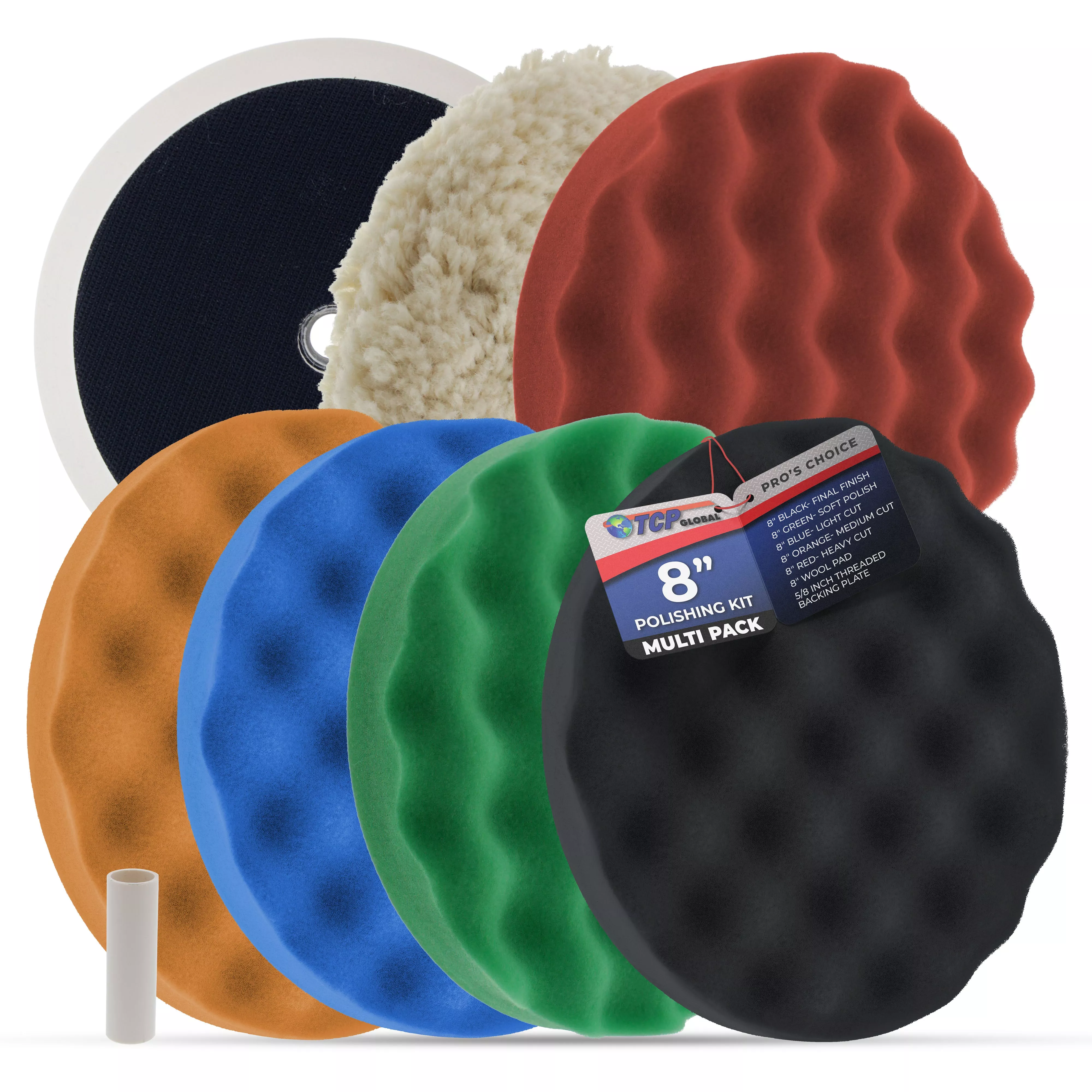 Professional 6 Pad Buffing and Polishing Kit with 5 Waffle Foam Pads and 1 Wool Grip Pad for Car Detailing - Complete 8 inch Polisher Buffing Pads