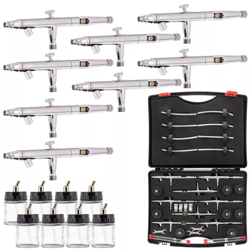 S67 Professional Studio Airbrush Set - 8 Dual-Action Airbrush Guns with 0.3mm, 0.5mm, and 0.8mm Interchangeable Tip Sets