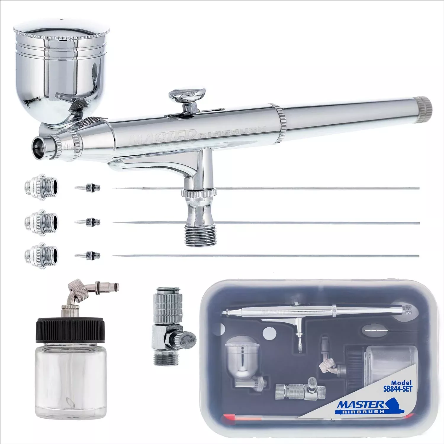 SB84 Multi-Purpose Dual-Action Side Bowl Feed with 3 Nozzle Sets (0.2, 0.3 & 0.5mm Needles, Fluid Tips and Air Caps)