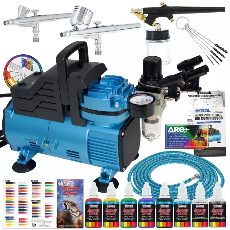 Super Cool Runner Dual Fan Air Compressor Professional Airbrushing System Kit with 3 Airbrushes, Gravity & Siphon Feed - 6 Primary Opaque Colors