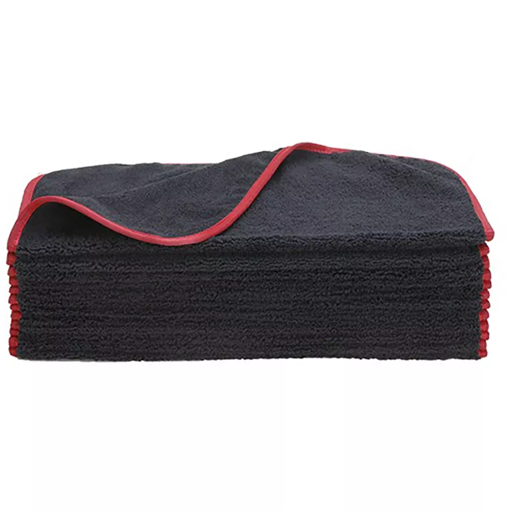 Super Towel Elite Microfiber Towel - 380 GSM - 16 in x 24 in - Black w/ Red Edge (12-Pack)