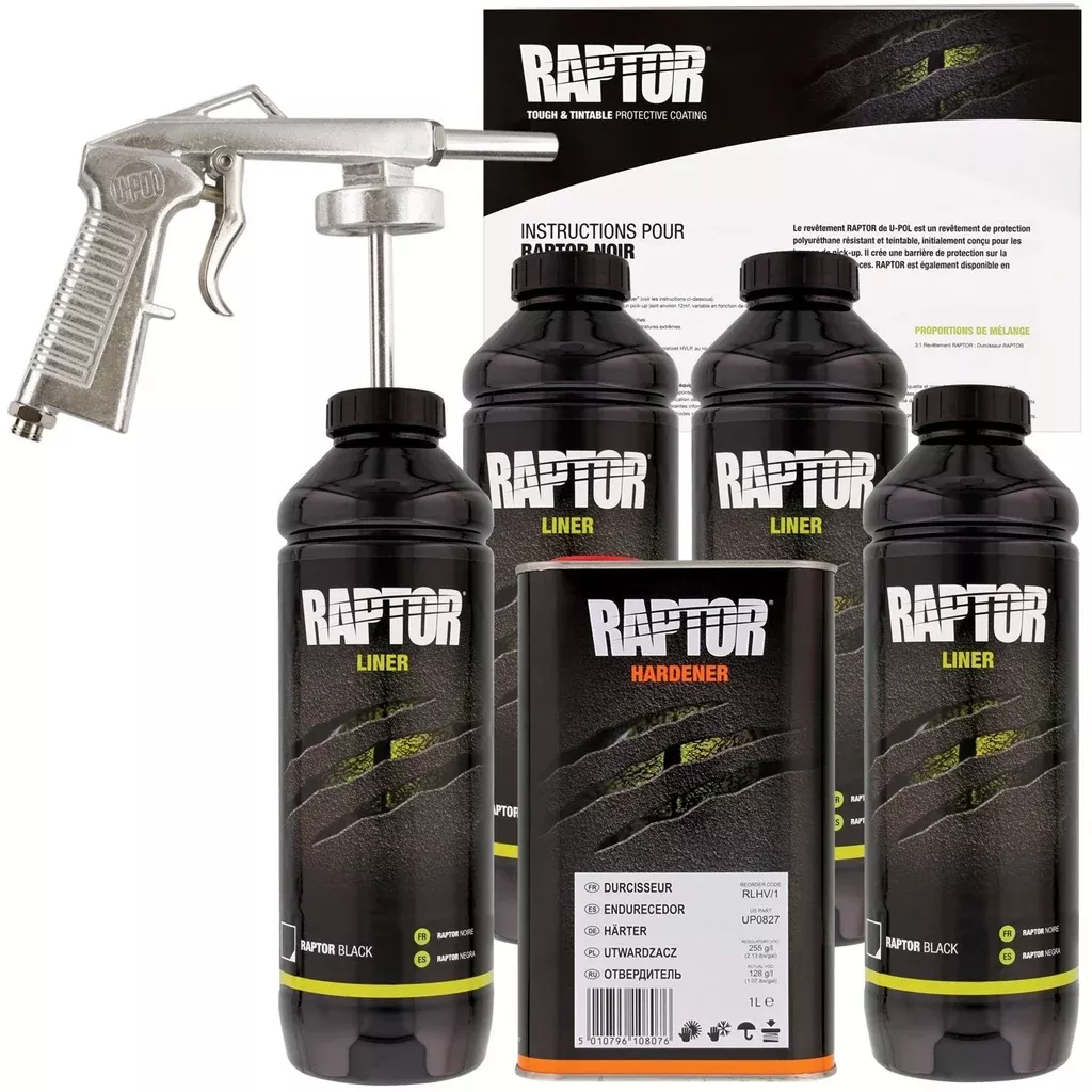 U-Pol 820 Raptor Bed Liner Black 4L Pack with Free Application Gun